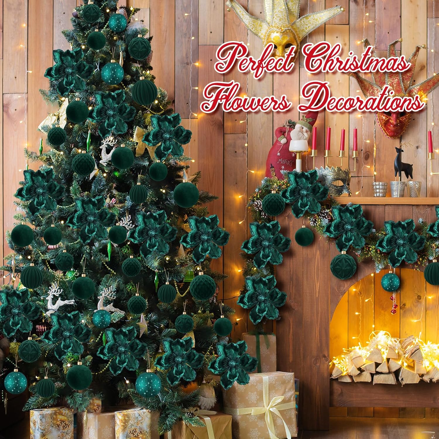 48 Pcs Christmas Tree Decoration Set 12 Glitter Poinsettia Magnolia Artificial Flower Picks 36 Velvet Christmas Ball Ornaments Hanging Decor Shatterproof For Xmas New Year Wedding Party Holiday(Green)
