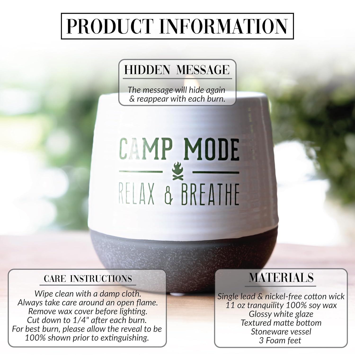 Pavilion Gift Company - Camp Mode - 11oz Wax Reveal Secret Surprise Message Single-Wick Jasmine Scented Candle Outdoorsy Adventurous Camper Lover Friend Gift RV Cabin Tent Camping Housewarming Present