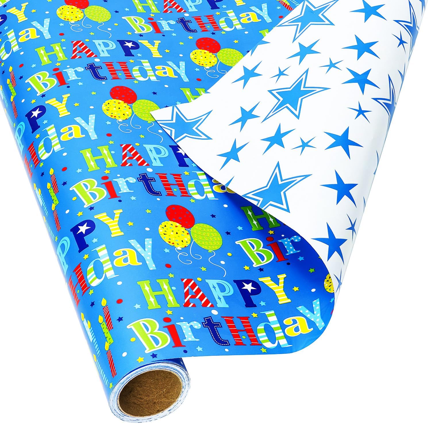 Reversible Birthday Wrapping Paper For Boys Girls Kids Adults Baby Shower - Colorful Happy Birthday Gift Wrap Paper For Party - Gift Wrapping Paper Roll, 17.7 Inch X 33 Feet, High Gloss