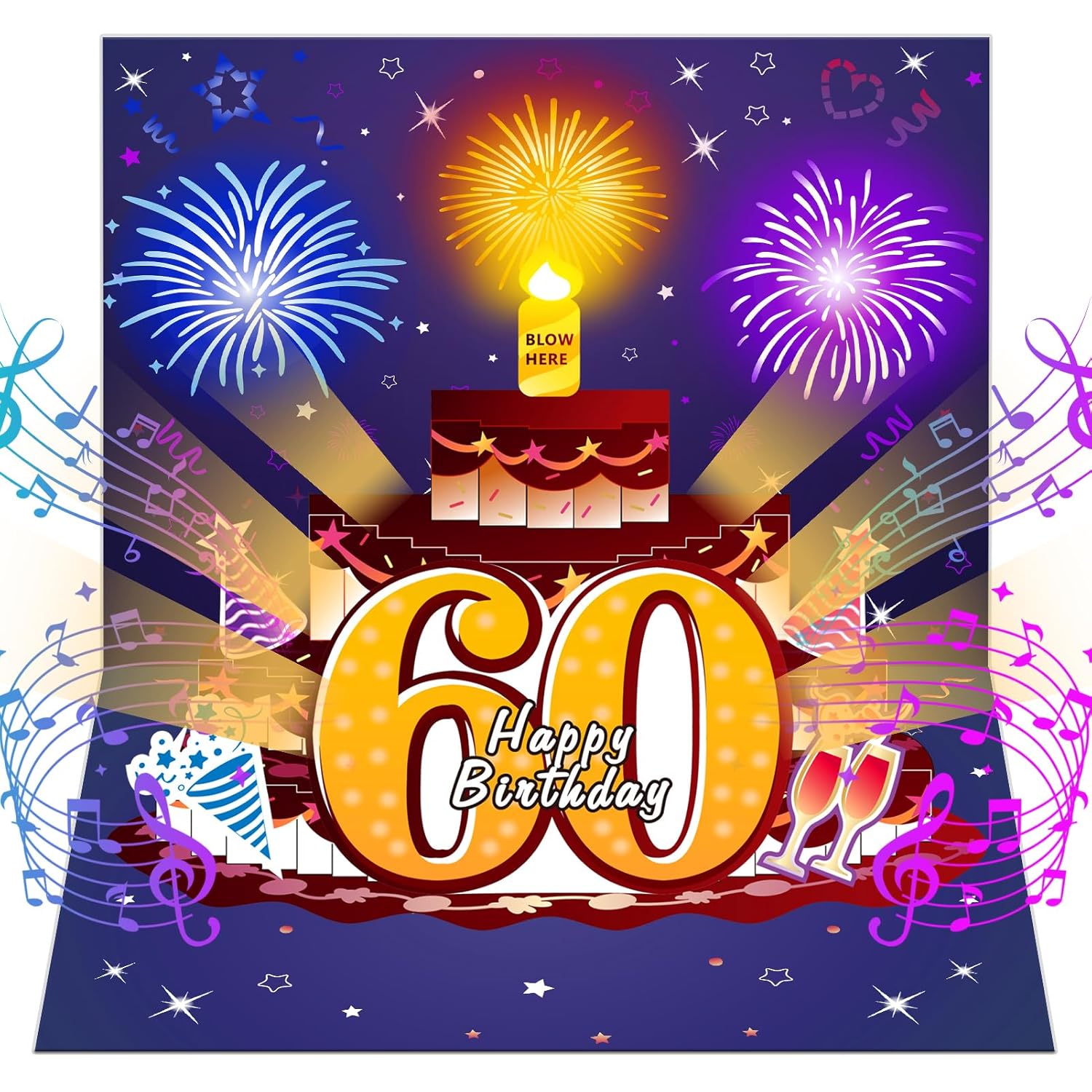 60Th Birthday Cards Pop Up 3D Cake - Fireworks Lights & Music & Blowable Candle Card Funny Happy 60Th Birthday Card Gifts For Women, Men, Mom, Grandma, Wife, Sister, Friend
