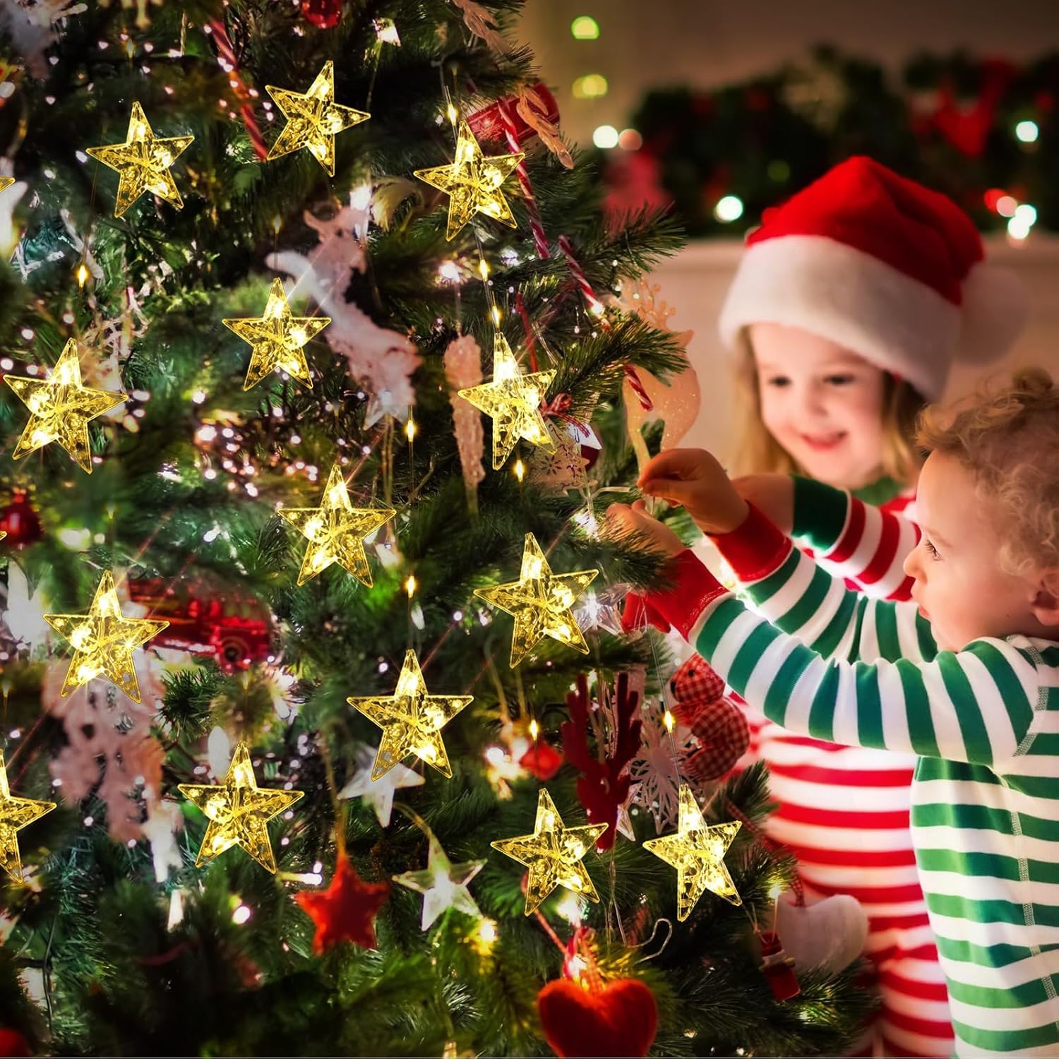 Christmas Window Lights, 76Leds 9 Star Curtain Lights, Warm White&Multicolor, Ip65 Waterproof, Timer & Memory Function,