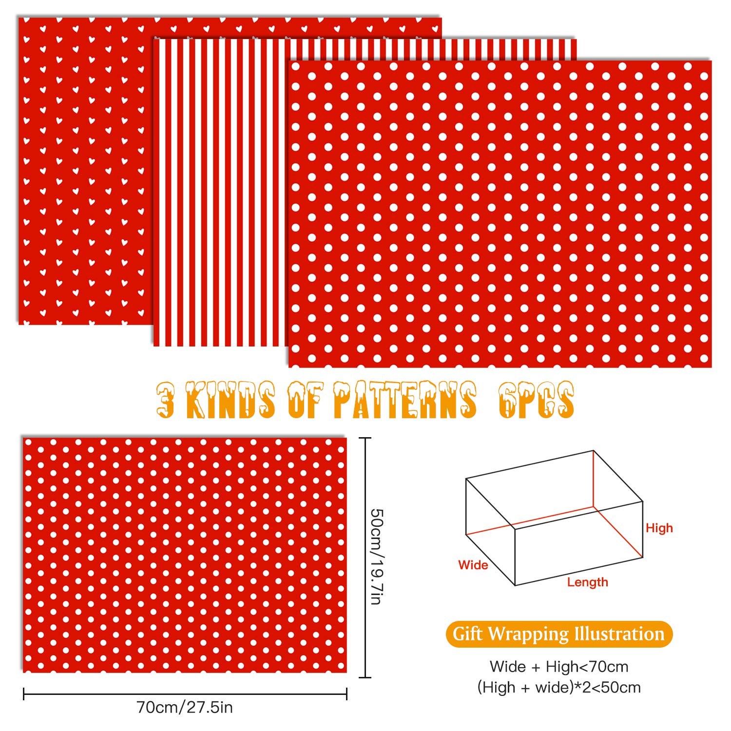 6 Sheets Valentine Gift Wrapping Paper, Dots, Hearts, Stripe Colorful Wrapping Paper Valentine'S Day Party Favor Supplies(Red)