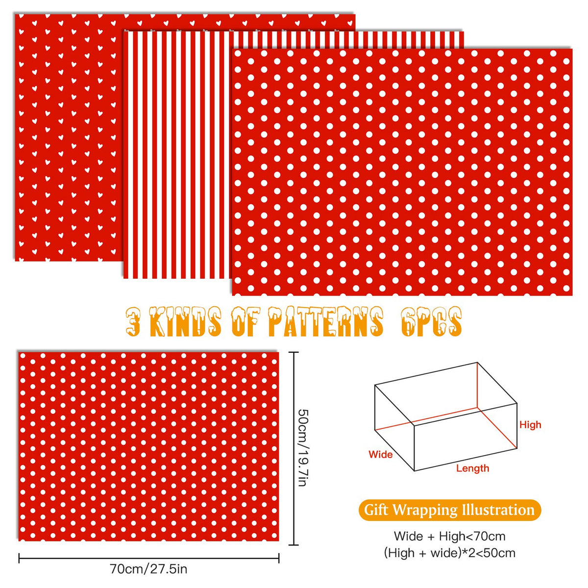 6 Sheets Valentine Gift Wrapping Paper, Dots, Hearts, Stripe Colorful Wrapping Paper Valentine'S Day Party Favor Supplies(Red)
