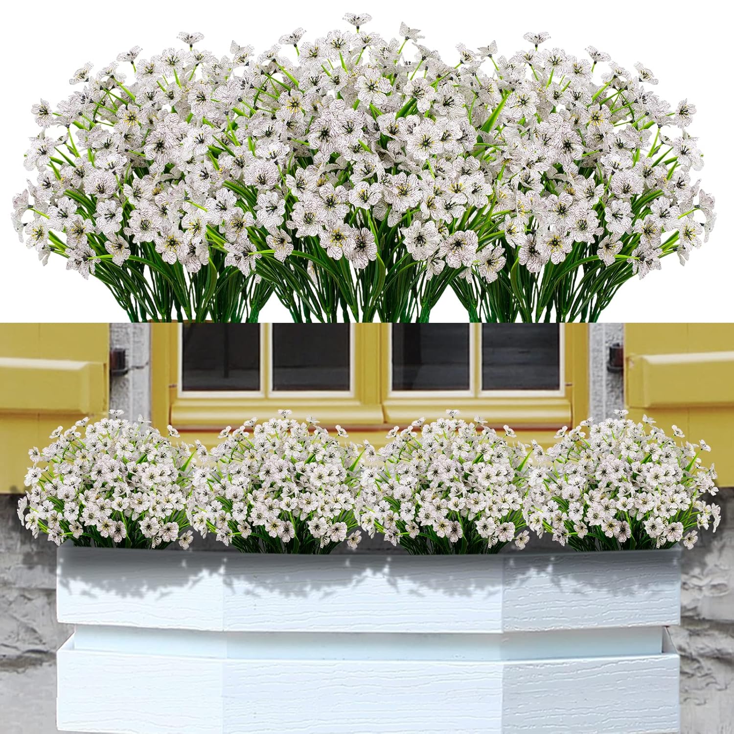 21 Bundles Artificial Flowers Outdoor Uv Resistant Silk Flowers No Fade Fake Outside Flowers Plastic Greenery Faux Shrubs Garden Porch Window Box Home Decoration(White)