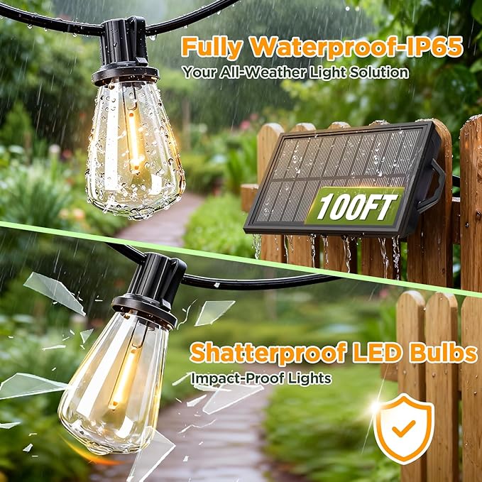 100FT Solar ST38 String Lights Waterproof Remote Timer USB & Solar Powered Patio Lights