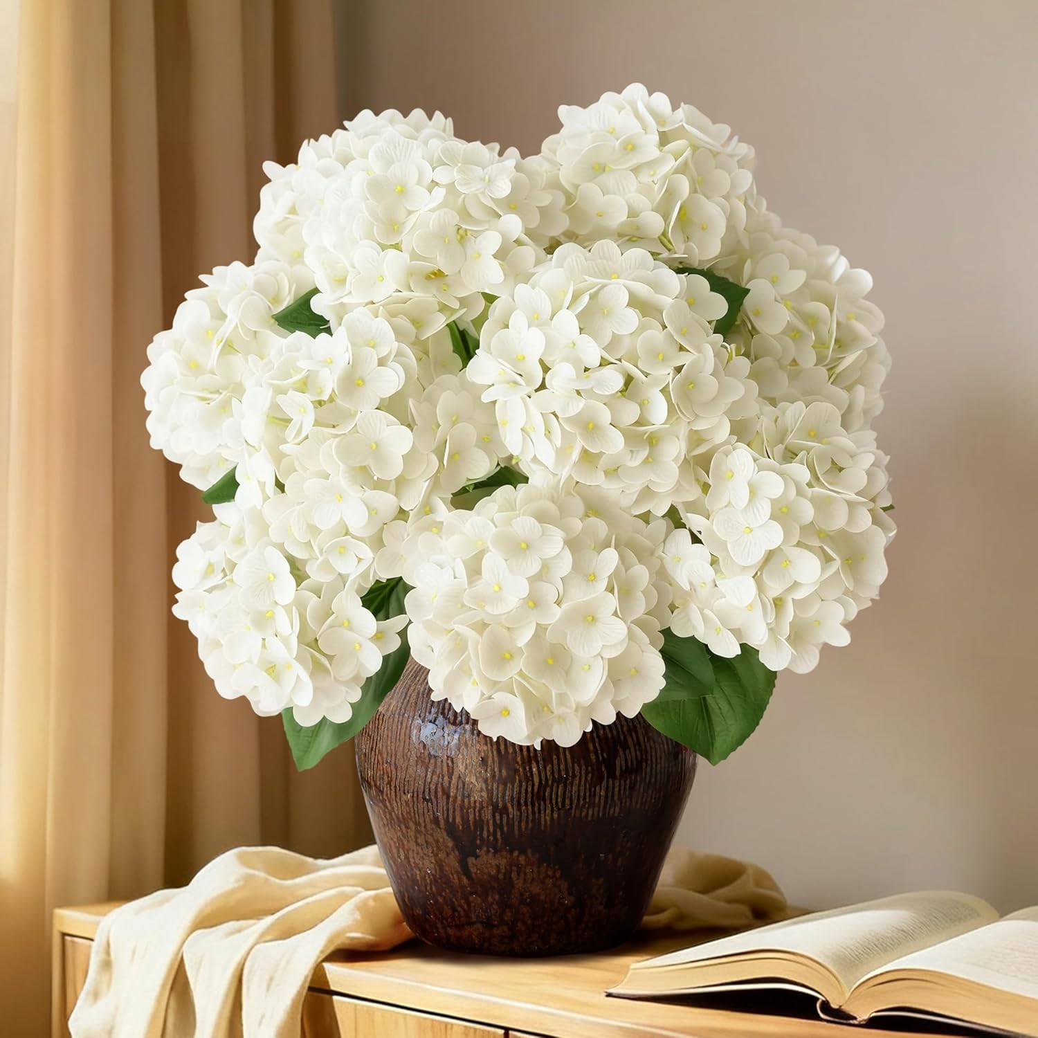 A Bunch 21In White Real Touch Hydrangea Artificial Flowers With 5Pcs Flower Head 10Pcs Leaves Faux Hydrangea Flowers For Home Office Decor Wedding Party Arrangements (1, White)