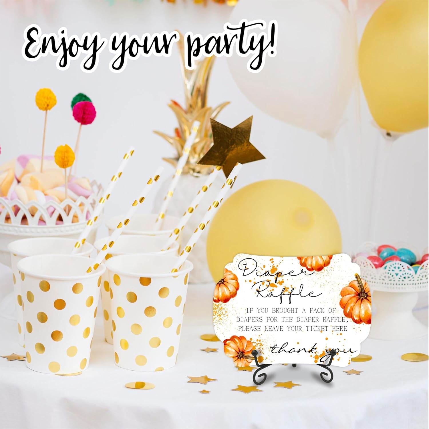 Autumn Diaper Party Game Set,Pumpkin,50 Pcs Diaper Raffle Tickets, 1 Wooden Sign & 1 Iron Stand, Gender Neutral Baby Shower Game Kit For Boys & Girl, Newborn Baby, Party Favor & Supplies - B03