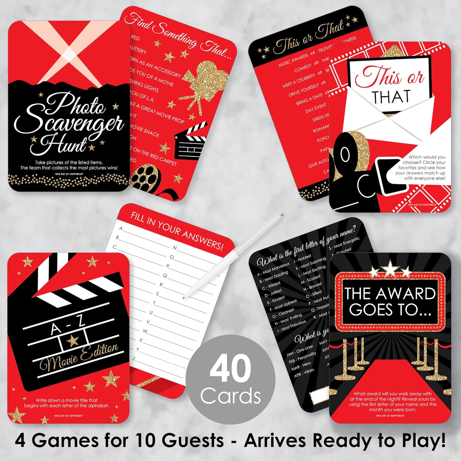 Big Dot of Happiness Red Carpet - 4 Movie Night Party Games - 10 Cards Each - Gamerific Bundle