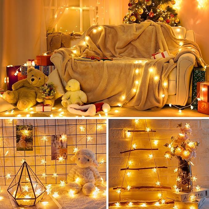 17FT Battery Operated Star String Lights 50 LED Warm White Fairy Lights with Timer Waterproof for Bedroom Patio Wedding Ramadan Decor