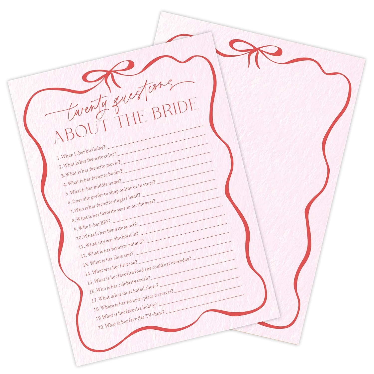 5" X 7" Pink Bow Bride Bridal Shower Game Cards - Twenty Questions About The Bride - 30 Pcs Double-Sided Fill-In Wedding Game Cards, Engagement & Wedding Party, Activities & Decor - A08