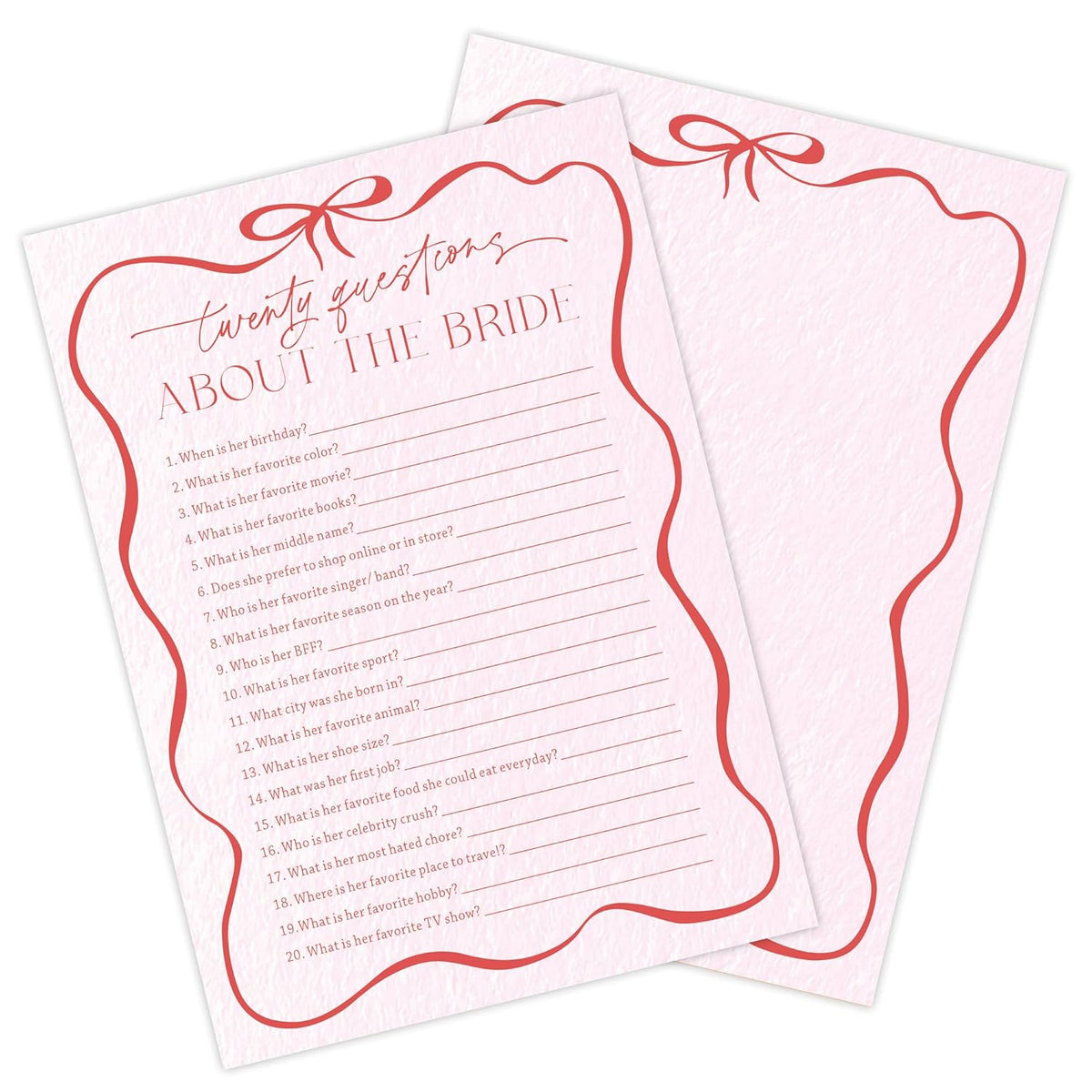 5" X 7" Pink Bow Bride Bridal Shower Game Cards - Twenty Questions About The Bride - 30 Pcs Double-Sided Fill-In Wedding Game Cards, Engagement & Wedding Party, Activities & Decor - A08