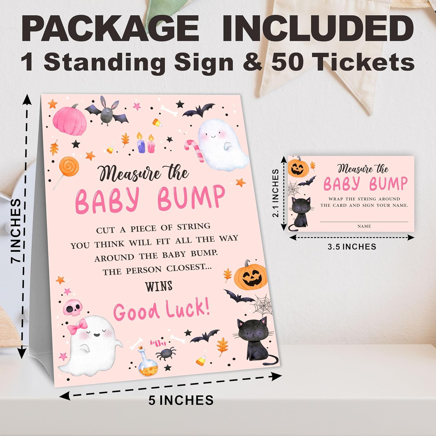 Halloween Blush Baby Shower Measure The Baby Bump Game Kit - Pumpkin & Ghost - 1 Self-Standing Sign & 50 Tickets - How Big Is Mommy'S Belly Sign - Gender Reveal Party Suppliea05
