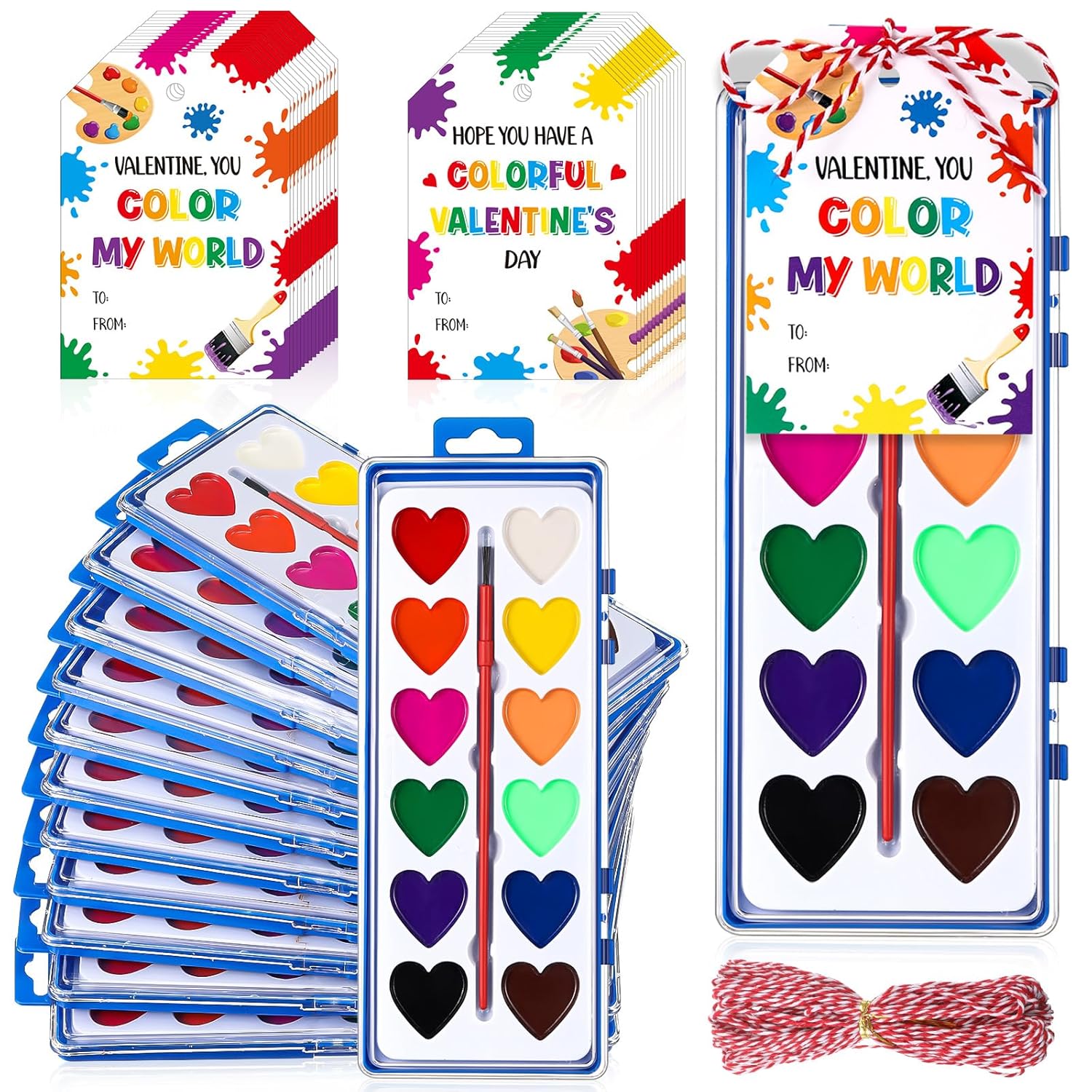24 Pack Valentines Day Watercolor Paint Sets Gifts Washable Watercolor Paintings With Card And 20 Meters Red Rope For Art Gifts Exchange Bulk