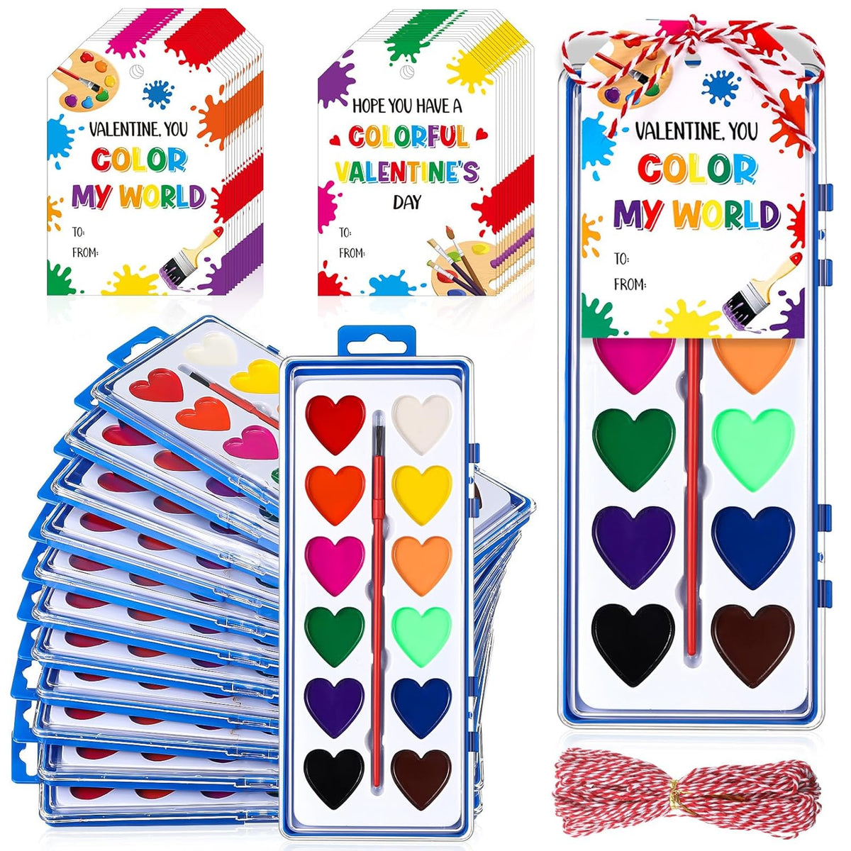 24 Pack Valentines Day Watercolor Paint Sets Gifts Washable Watercolor Paintings With Card And 20 Meters Red Rope For Art Gifts Exchange Bulk