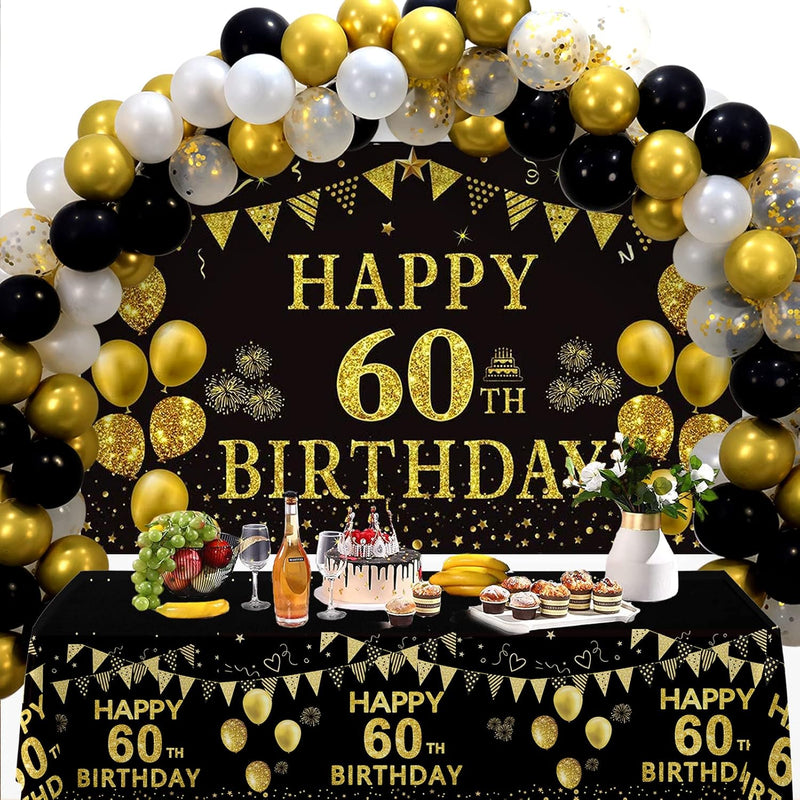 60Th Birthday Decorations Men Women - Black Gold Happy 60 Birthday Bac