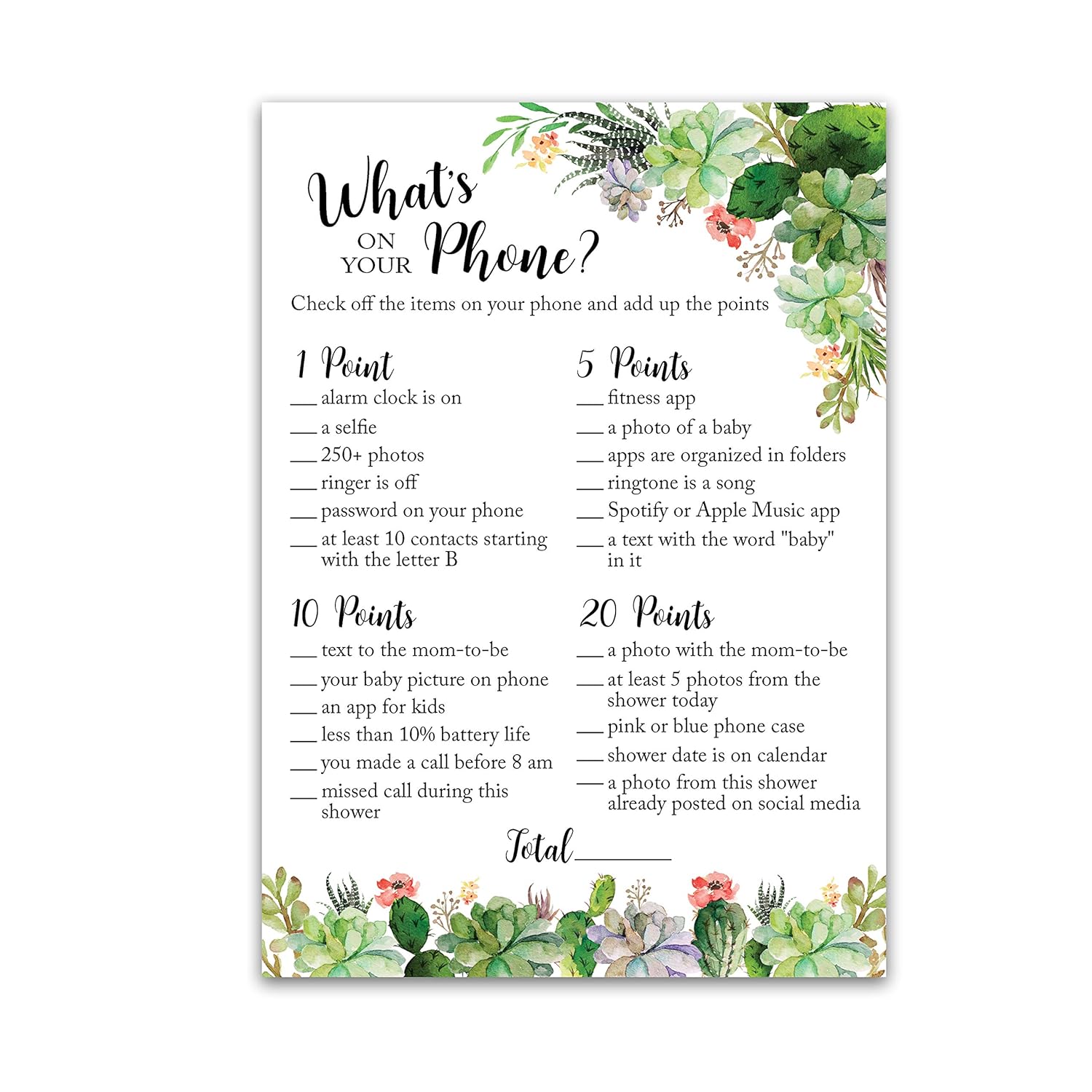 Succulents Baby Shower Games — What'S On Your Phone Game — Pack Of 25 — Gender Neutral Succulent Greenery Co-Ed Couples Shower Activity, Gender Reveal Party G300-Phn