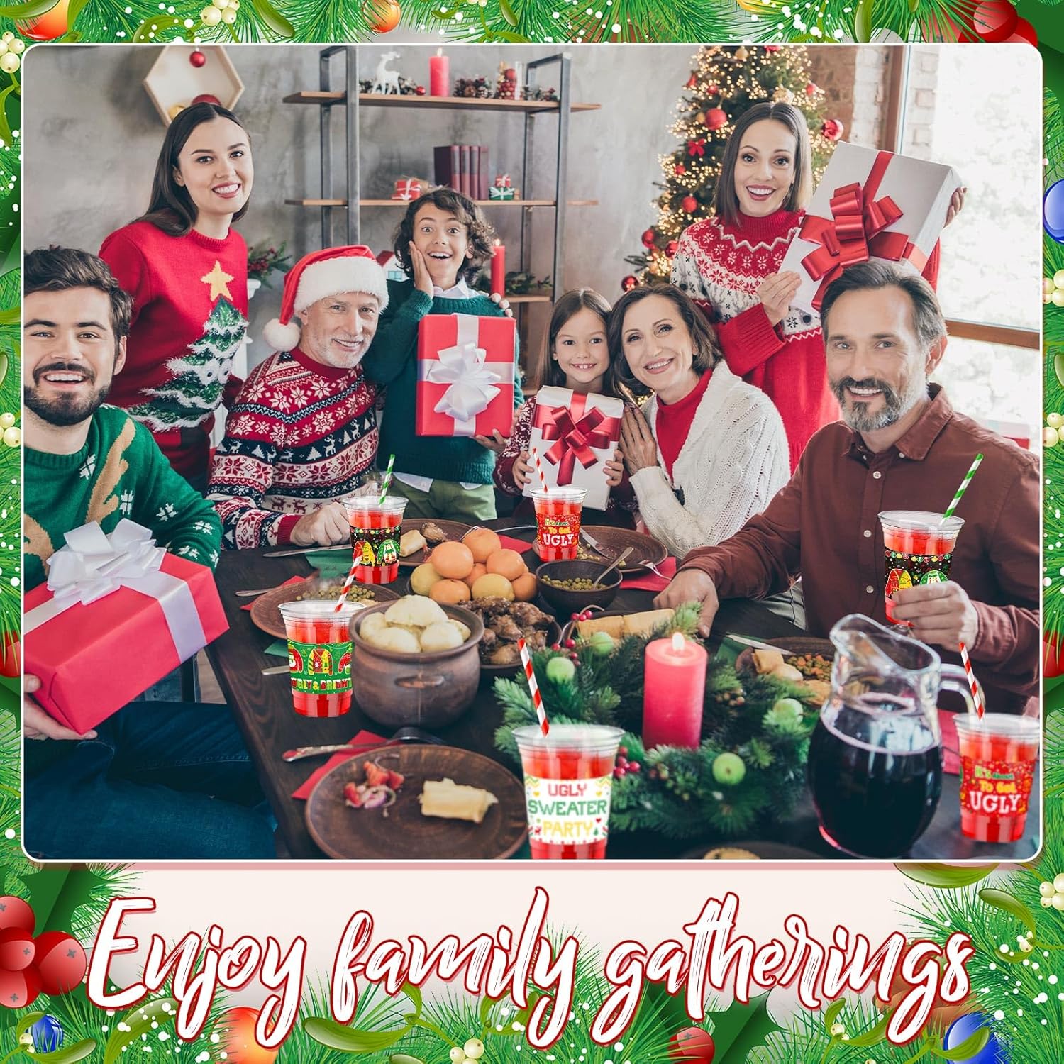 100 Pcs 12 Oz Christmas Ugly Sweater Plastic Cups With Straws Christmas Disposable Plastic Cups Winter Xmas Holiday Party Cup Bulk For Merry Christmas Party Supplies Xmas Party Decorations