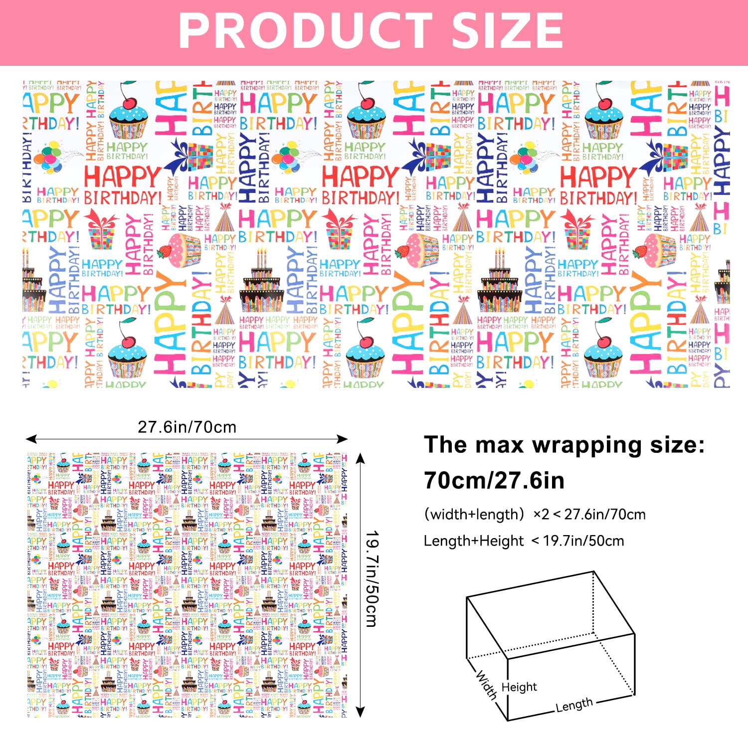 Birthday Wrapping Paper Sheet, 12 Sheets Folded Flat Gift Wrapping Paper, 4 Styles Happy Birthday Gift Wrap With Balloons, Candles, For Birthday Party, Baby Shower And Holiday, 19.7" X 27.5" Per Sheet