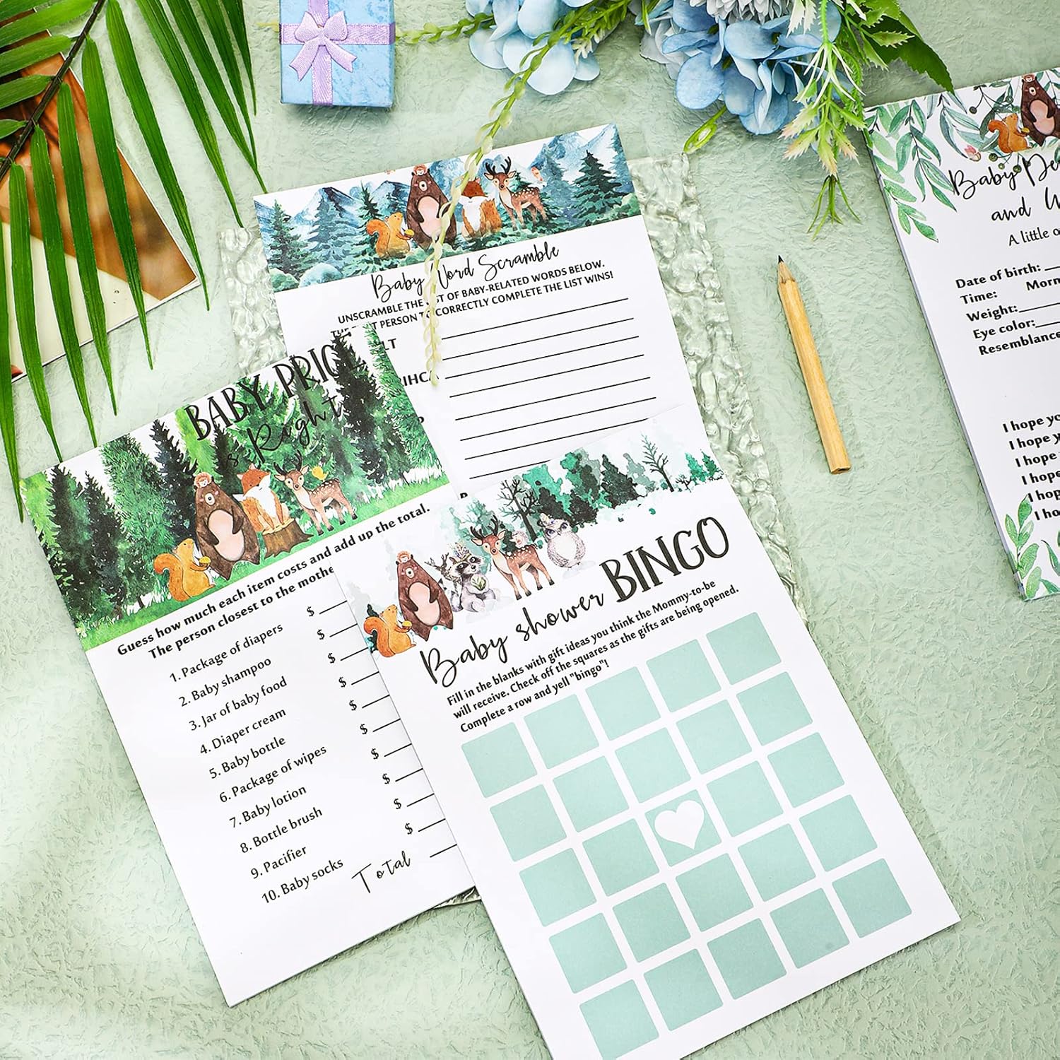 135 Pieces Woodland Baby Shower Game Cards Forest Animals Baby Shower 5 Set (25 Cards Each) With 10 Pencils Predict Who Mommy Or Daddy Well Wishes Woodland Creatures Theme For Boy Girl