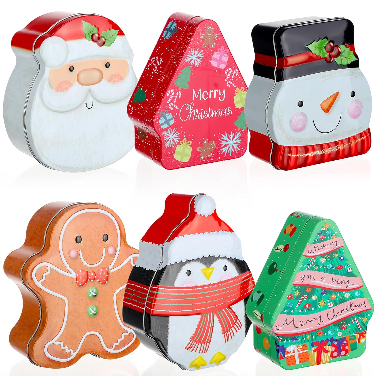6 Pcs Christmas Cookie Tins With Lids Christmas Containers Santa Snowman Gingerbread Penguin Christmas Tree Metal Cookie Jar Xmas Cookie Boxes For Storing Candy Chocolate Biscuits Holiday Gifts