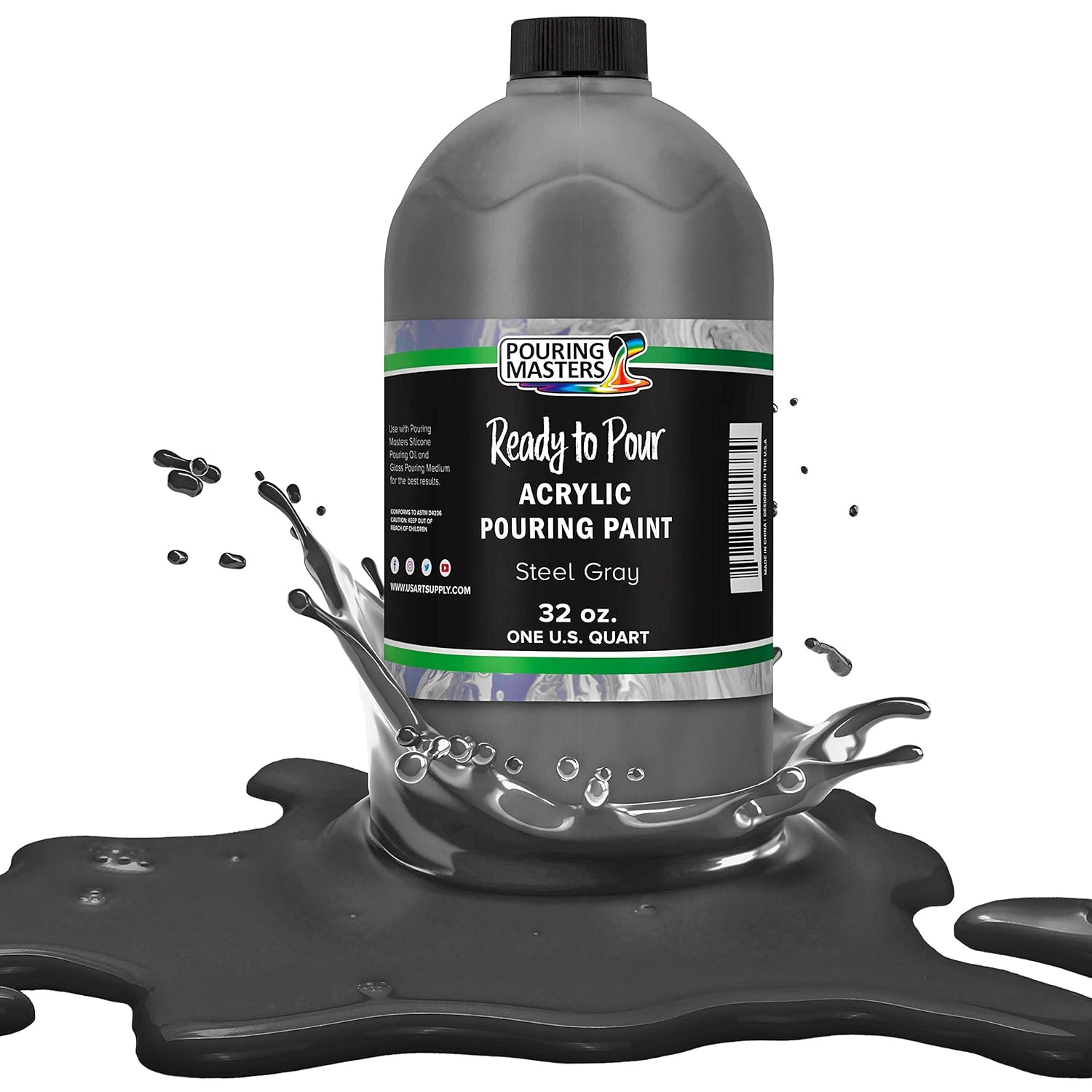 Pouring Masters Steel Gray Ready To Pour Acrylic Pouring Paint - Premium 32-Ounce Pre-Mixed Fluid Acrylic Paint - Fluid Art Supplies For Canvas, Wood, Paper, Tile & Rocks