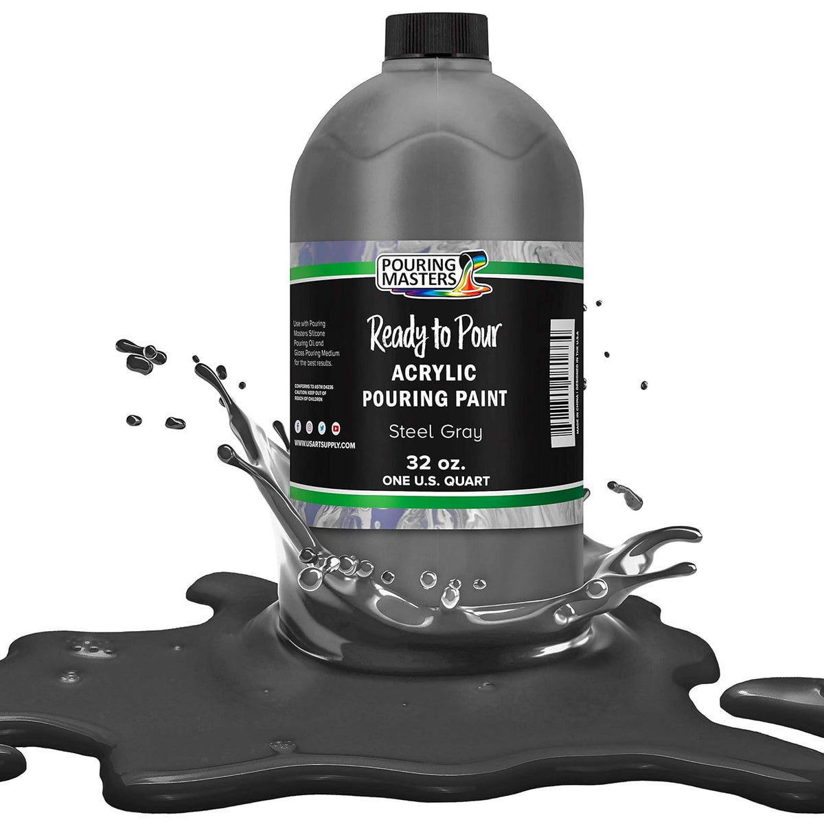 Pouring Masters Steel Gray Ready To Pour Acrylic Pouring Paint - Premium 32-Ounce Pre-Mixed Fluid Acrylic Paint - Fluid Art Supplies For Canvas, Wood, Paper, Tile & Rocks