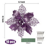 10 Packs Christmas Glitter Poinsettia Flowers Artificial Christmas Flowers Decorations Wedding Xmas Tree New Year Ornaments Xmas Garland Wreath Diy Decorations Supplies(Light Purple)