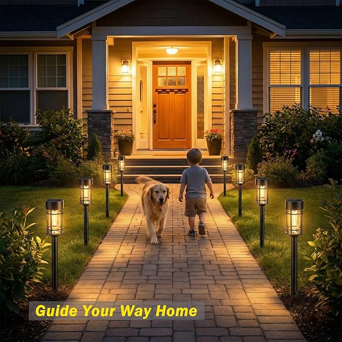 8 Pack 21 Inch Solar Pathway Lights Metal Glass Waterproof Auto On Off Garden Lights
