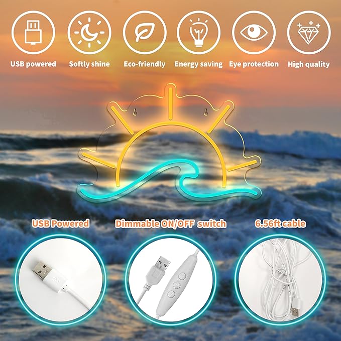 Sunset Sunrise Neon Sign Sun On The Sea LED Wave Wall Light Beach Ocean Room Decor