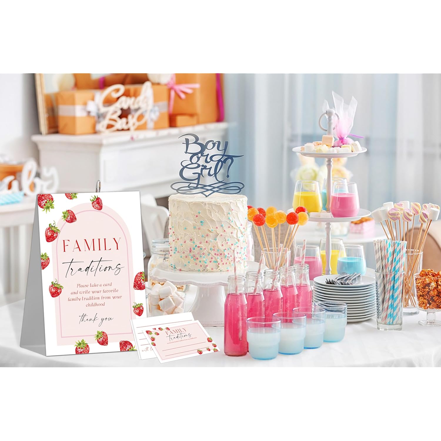 Strawberry Baby Shower Decorations - Family Traditions Baby Shower Games, 1 Sign And 50 Cards, Funny Gender Reveal Games For Strawberry Party Activities Supplies, 50 Guests