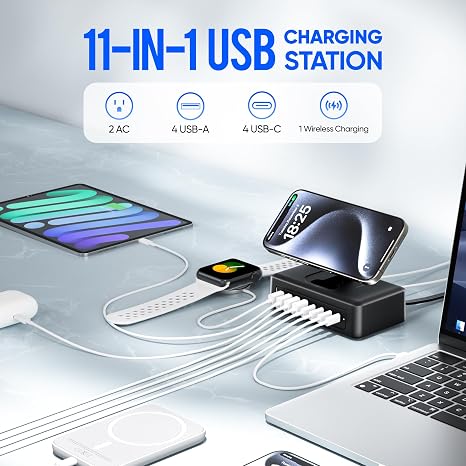 300W 11 in 1 USB C Charging Station Power Strip with 2 AC Outlets and 8 USB Ports 5 ft Cord