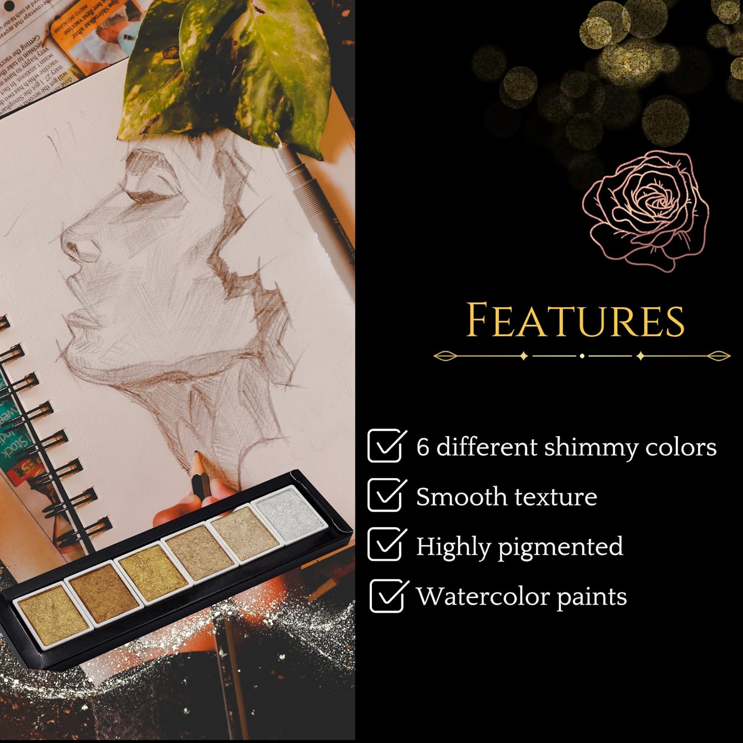 Golden Artistry: 6 Metallic Watercolor Paints Including Lustrous Gold For Professional Artwork