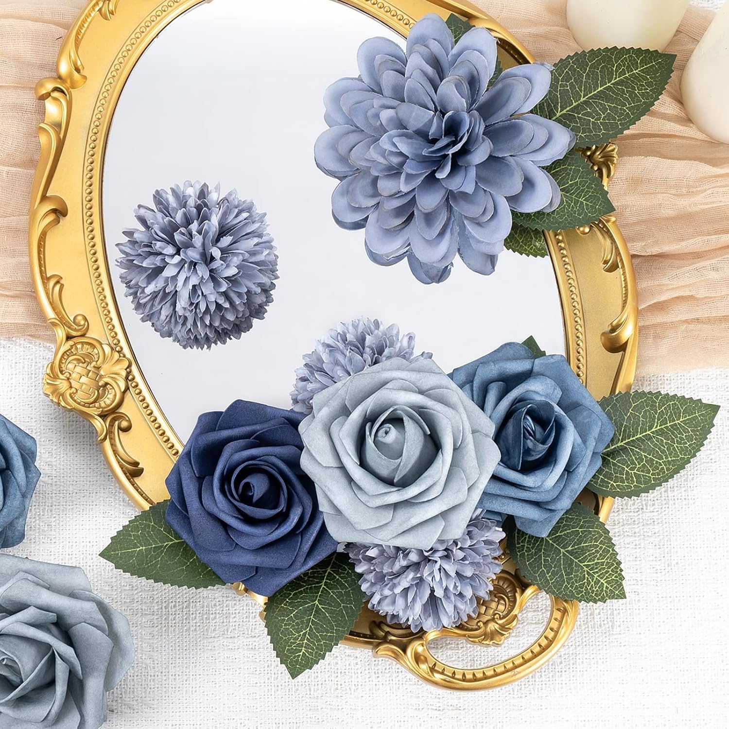 Dusty Blue Flower Artificial Roses Faux Flowers With Stems Mix Fake Roses Dahlia Chrysanthemum Ball For Wedding Bridal Bouquets, Table Centerpieces, Baby Shower, Party, Home Decorations
