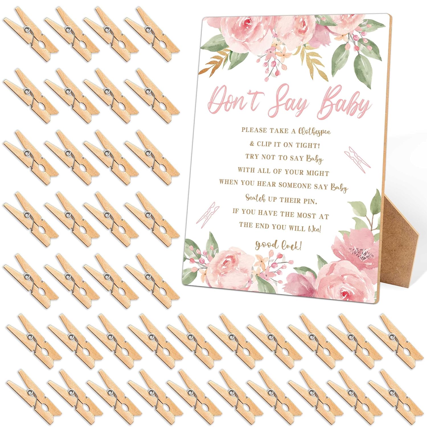 Don'T Say Baby Clothespin Games Sign, Pink Flowers Baby Shower Games, 1 Wooden Sign With 50 Mini Clothespins, Game Activity For Baby Shower, Gender Reveal Party Favors Decorations