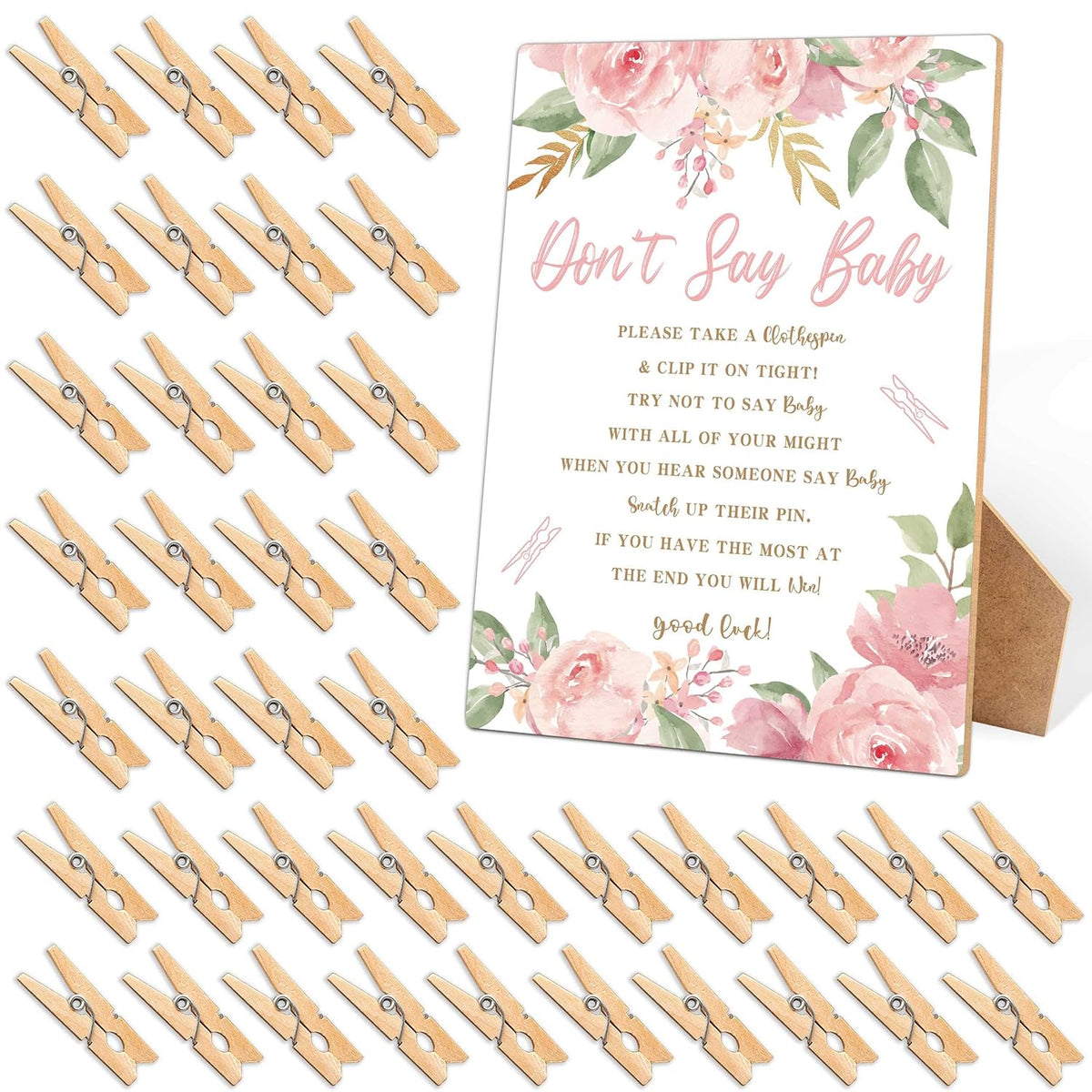 Don'T Say Baby Clothespin Games Sign, Pink Flowers Baby Shower Games, 1 Wooden Sign With 50 Mini Clothespins, Game Activity For Baby Shower, Gender Reveal Party Favors Decorations