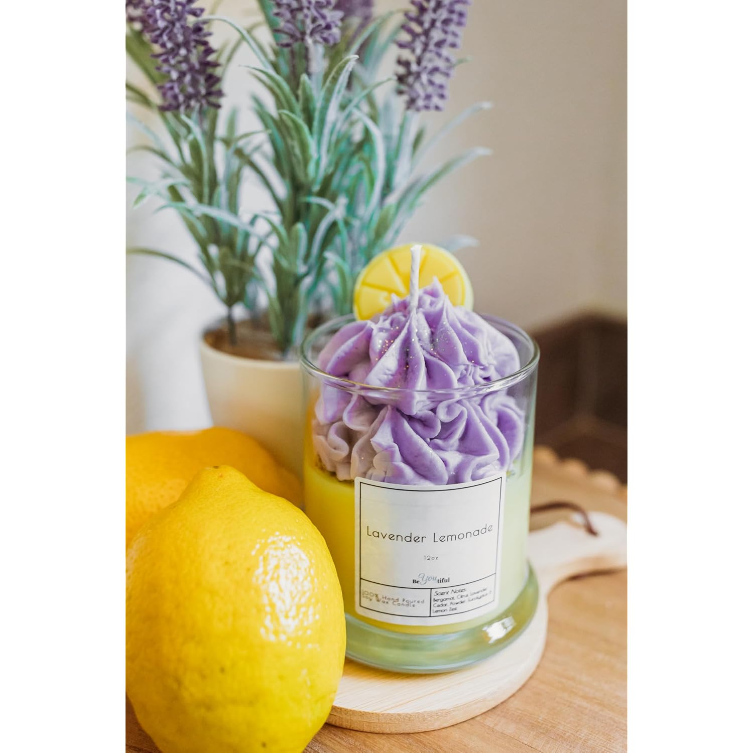 Lavender Lemonade Scented Soy Candle, 12 Oz, Hand-Piped Dessert Design, 60+ Hour Burn Time