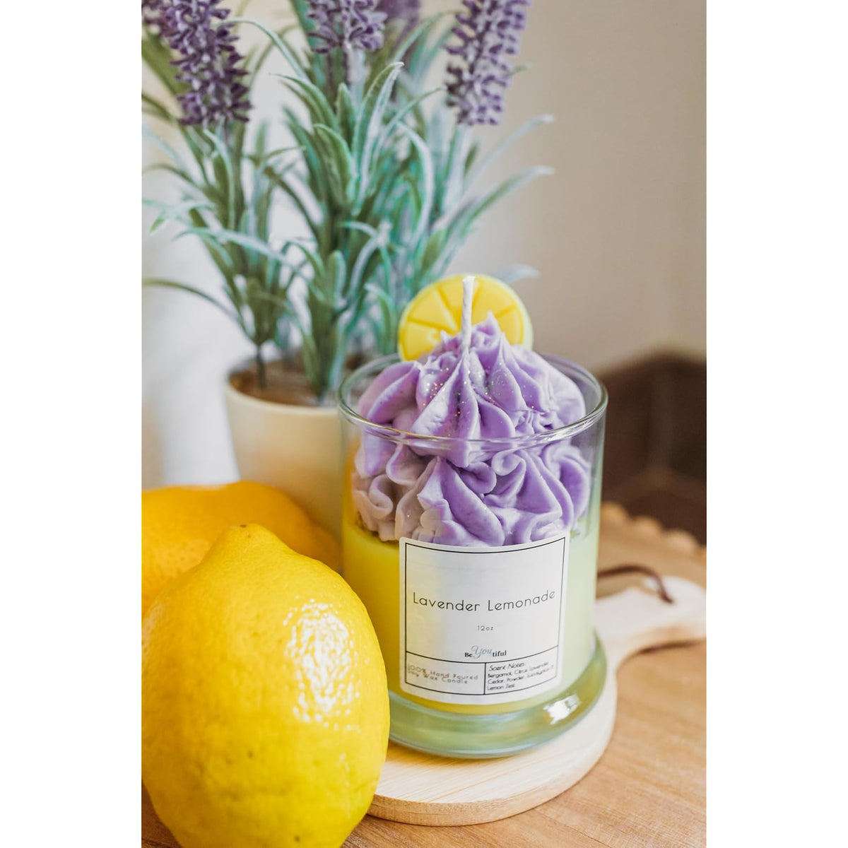 Lavender Lemonade Scented Soy Candle, 12 Oz, Hand-Piped Dessert Design, 60+ Hour Burn Time