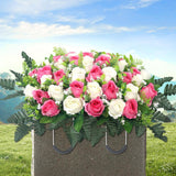 Artificial Cemetery Flowers For Grave,Headstone Flowers Saddle Outdoor Grave Saddle Memorial Silk Roses Flowers For Cemetery Decorations (Pink)