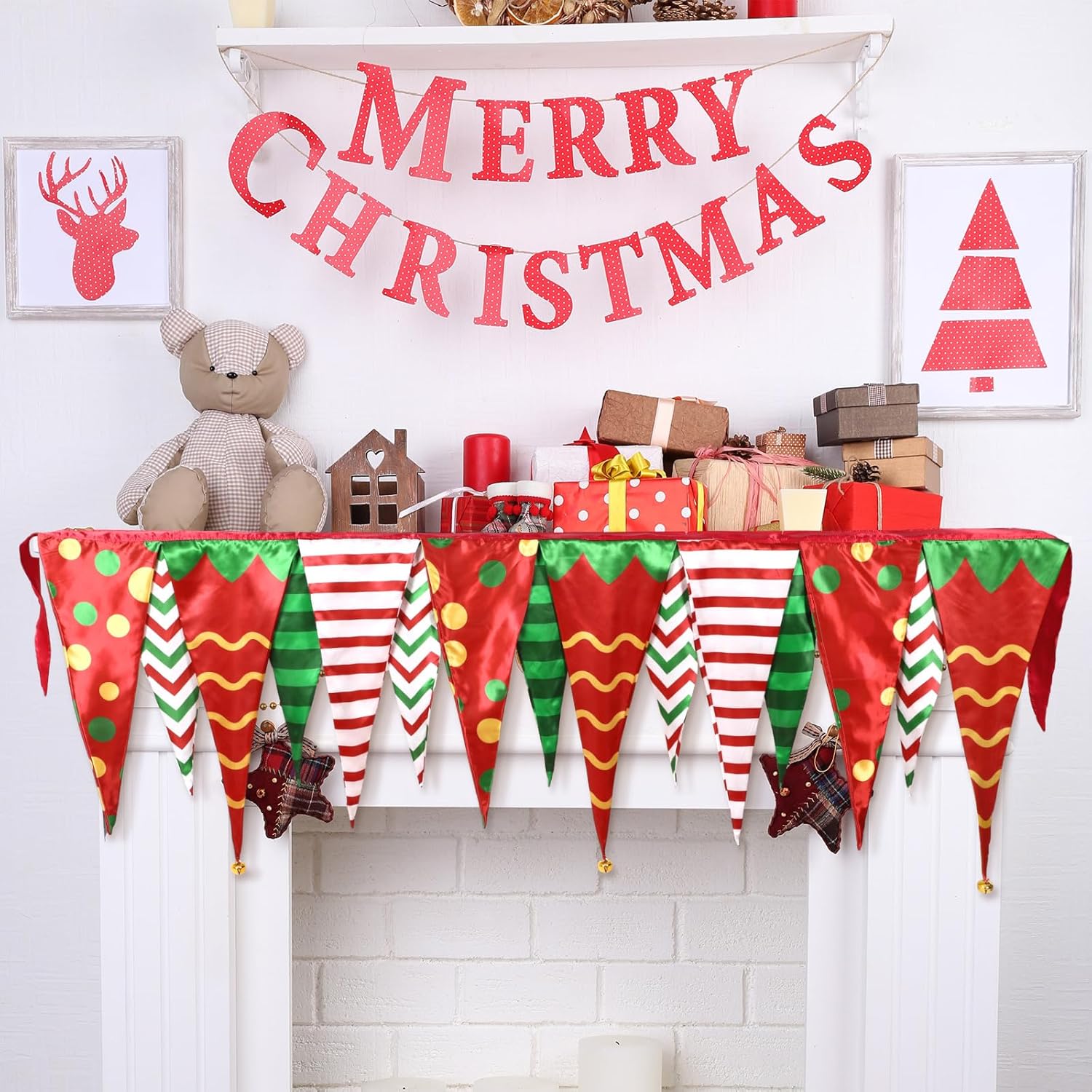 Christmas Mantel Decor Christmas Mantel Scarf Banner Christmas Red Green Fireplace Mantel Cover Runner Garland Decorations For Xmas Holiday Seasonal Winter Party Supplies, 85 X 25 Inch