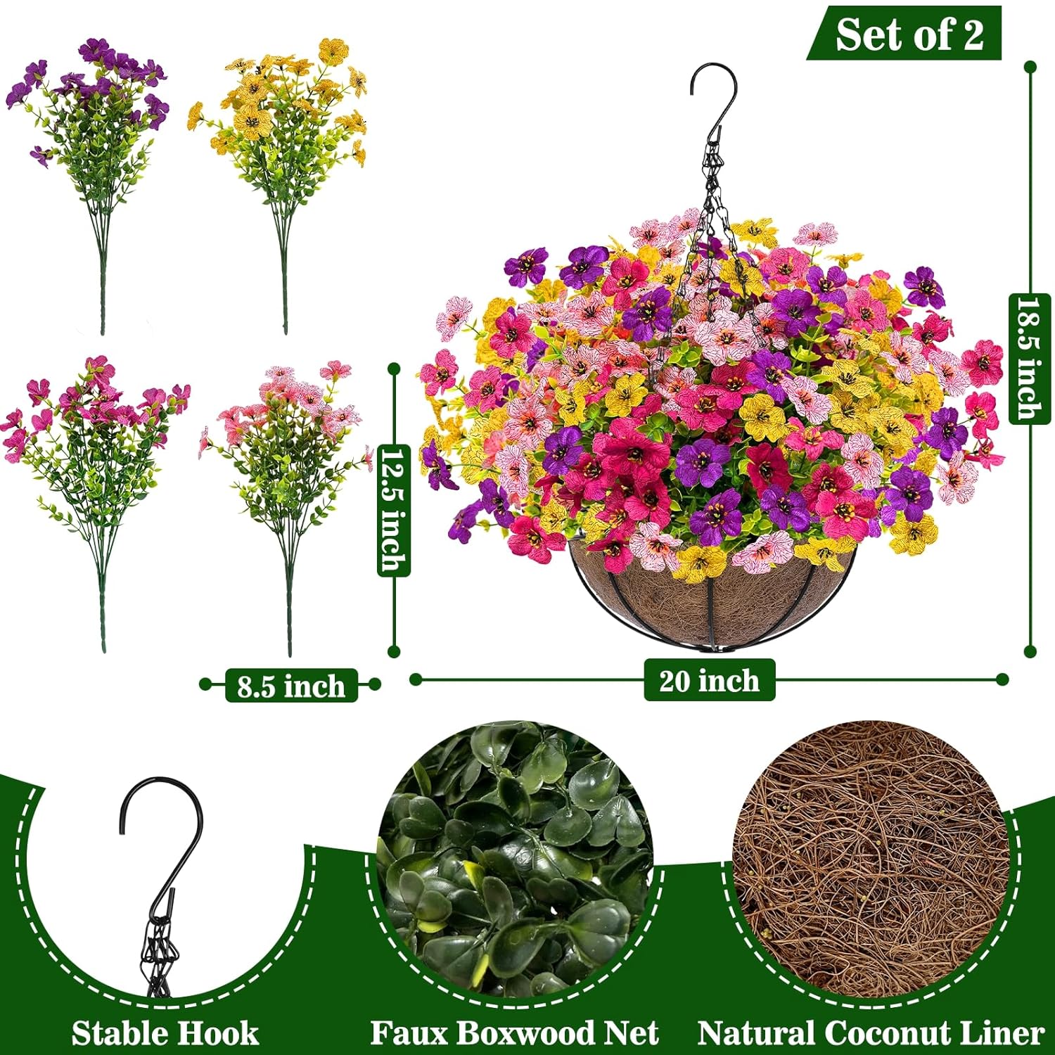2 Sets Artificial Outdoor Flowers With Hanging Basket, Fake Hanging Plants Set Of 2 Includes 24 Pcs Flowers For Porch, Patio, Garden, Home Decor In Spring Summer (Red, Purple, Yellow, Rose Red)