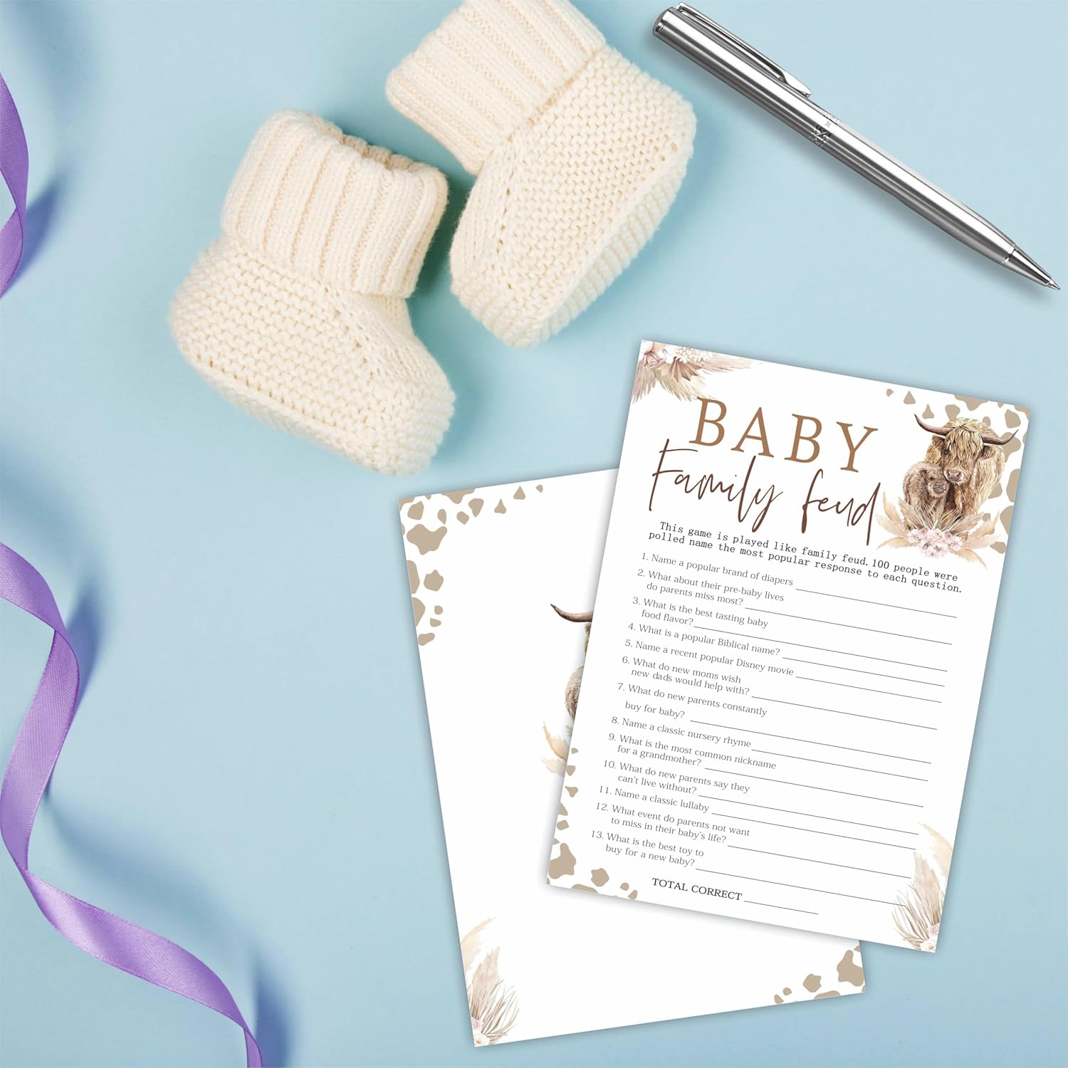 Family Feud Game Kit For Baby Shower - Holy Cow! Western Ranch Theme - 30 Fill In Game Cards & 1 Answer Card For Baby Shower, Gender Reveal Games, Party Favor, Decorations & Supplies - C08