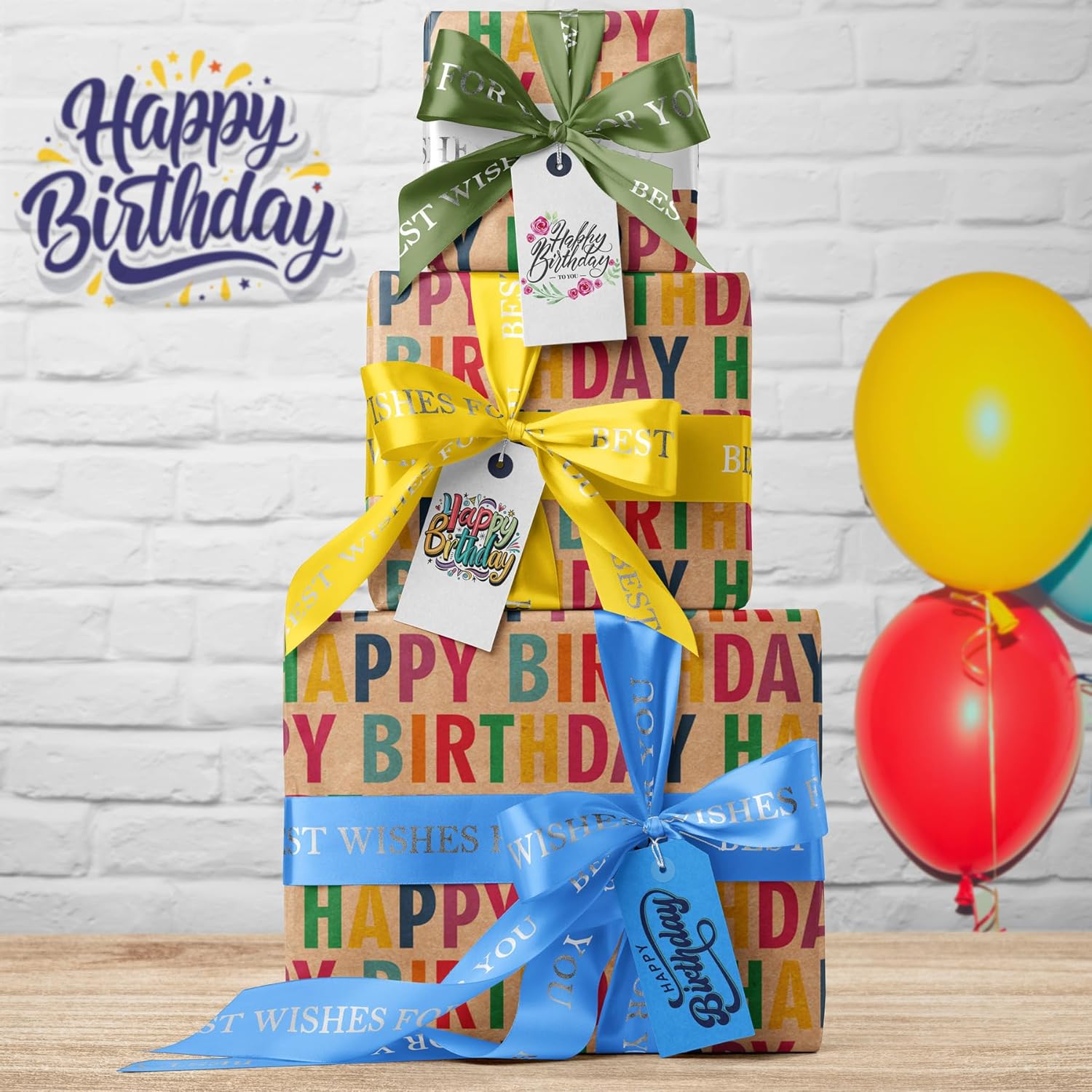 Kraft Birthday Wrapping Paper For Men, Women, Kids - Recycled Gift Wrap With Happy Birthday Colorful Text Design - 28 X 40 Inches, 4 Folded Sheets, Easy To Store