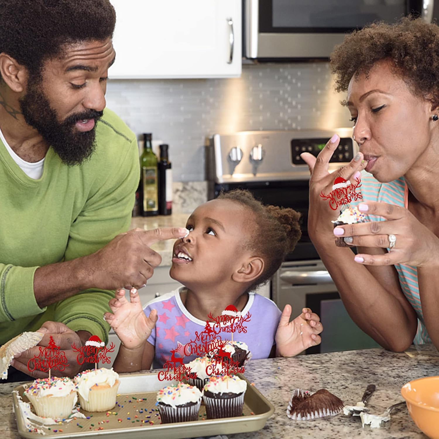 24 Pack Merry Christmas Cupcake Toppers Glitter Xmas Tree Santa Hat Deer Cupcake Picks Decoration For Winter Christmas Theme Xmas Holiday Birthday Party Supplies Red