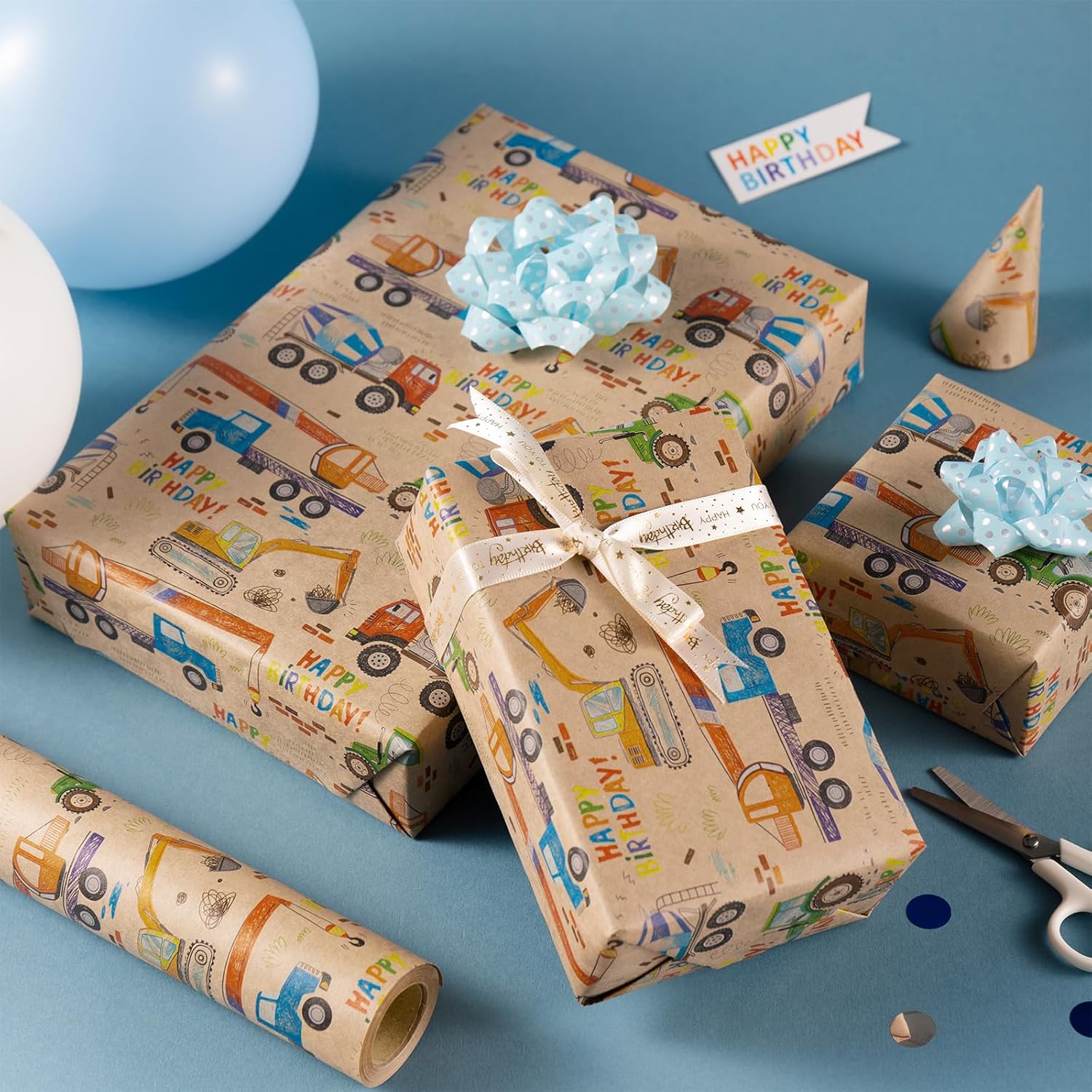 Truck Wrapping Paper Roll, Mini Roll, Cartoon Truck And Happy Birthday Text Design Kraft Wrap Paper Great For Kids Boys Birthday, Truck Party And More - 17 Inches X 16.4 Feet