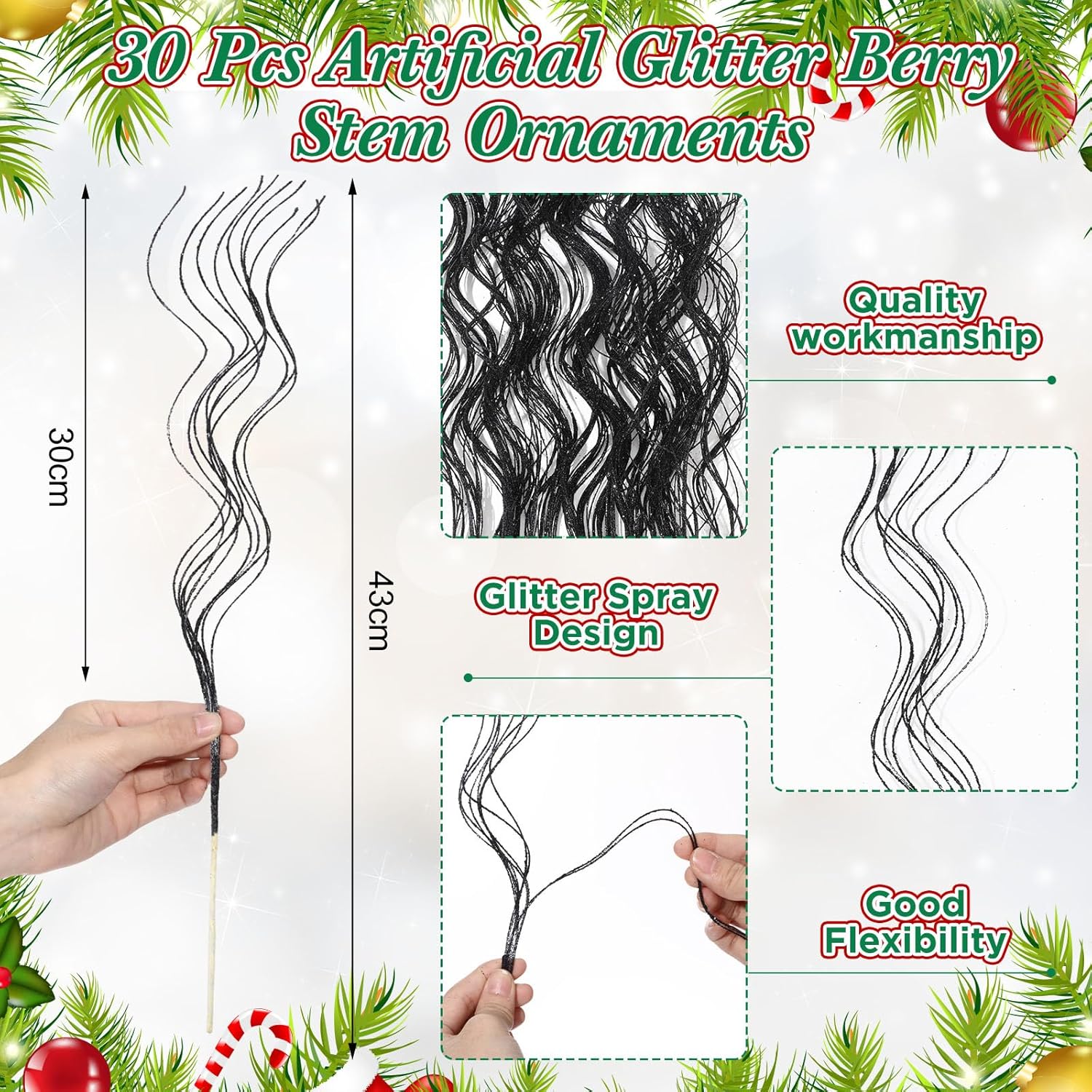 30 Pcs 17 Inch Christmas Glitter Curly Ting Ting Branches Sticks Stems Decorative Vase Filler Branches Artificial Curly Wispy Willow Twigs For Christmas Wreath Home Craft Decor (Black)