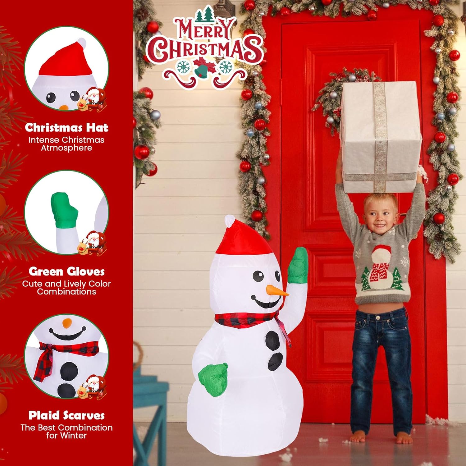 3Ft Christmas Inflatable Outdoor Decorations Snowman With Red Hat, Blow Up Yard Decorations With Built-In Led Lights For
