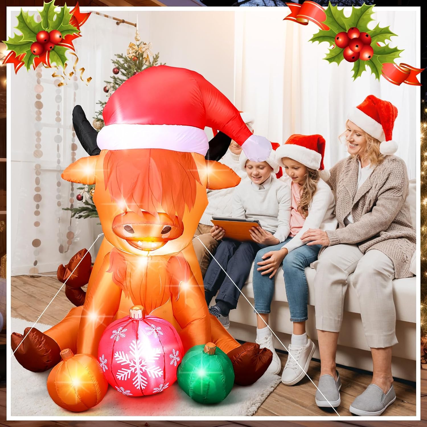 4.9 Ft Christmas Inflatable Cow Decoration Inflatable Highland Cow Cute Blow Up Animals In Santa Hat With Built-In Led L