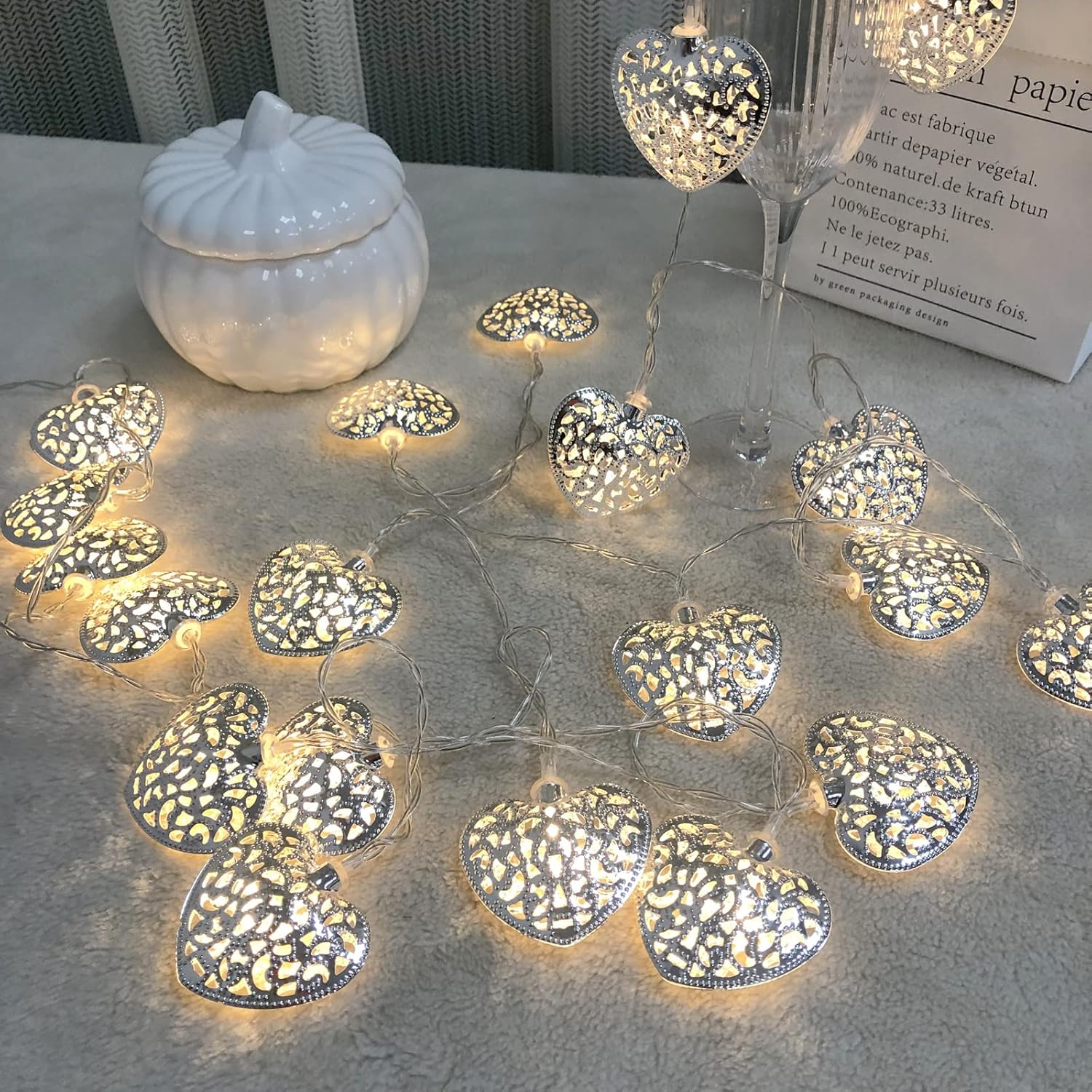 Hollow Heart Shape String Lights - Metal Geometric Led Fairy Lights Battery Powered For Indoor Decoration - Holiday, Chr