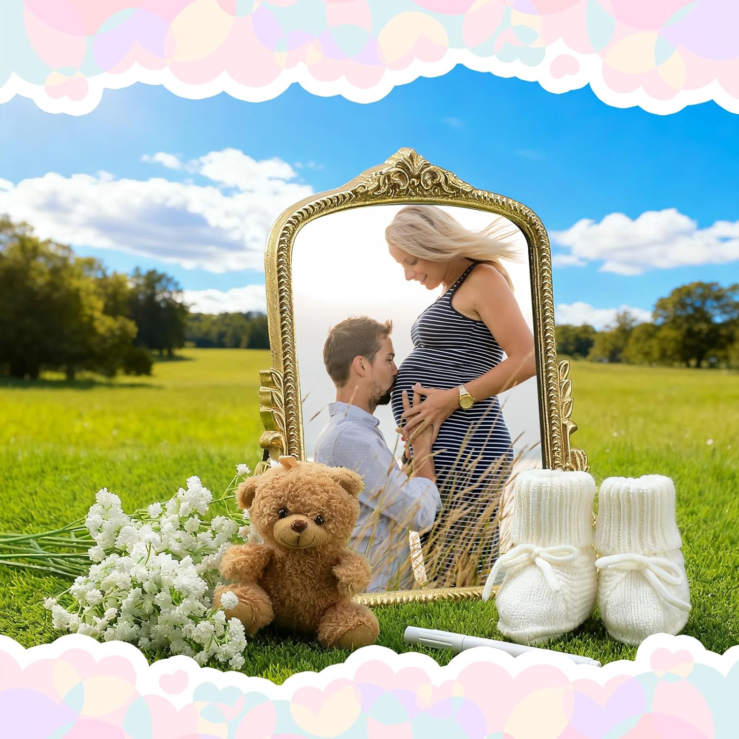 Pregnancy Announcement Mirror Newborn Cozy Shoes 12 Baby Breath Artificial Flowers Bear Doll And White Erasable Pen For Beach Photography Pregnancy Announcement Celebration