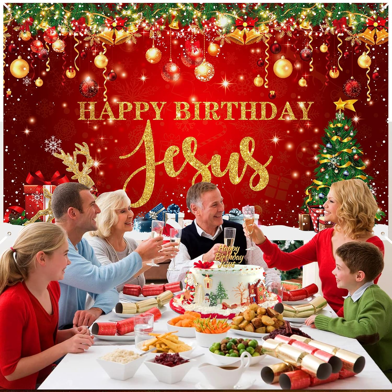 Happy Birthday Jesus Party Decorations Banner - Red Christmas Jesus Birthday Party Supplies For Indoor/Outdoor Decor